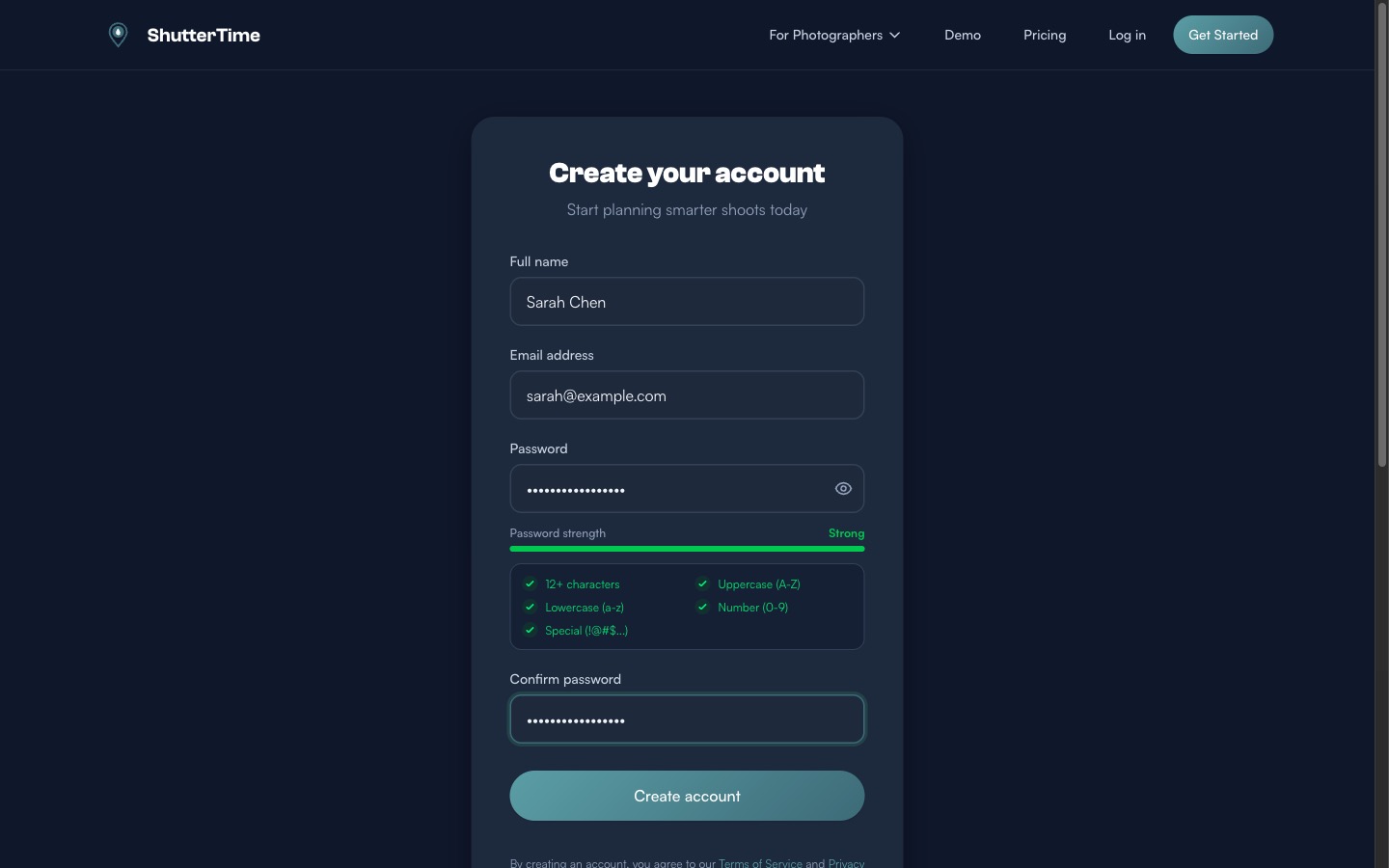Completed signup form with strong password indicator showing all requirements met