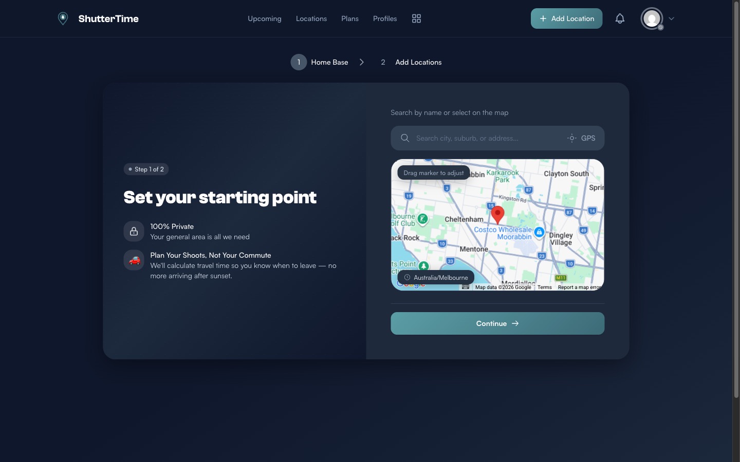 Onboarding step 1 showing Set your starting point with a map and search bar