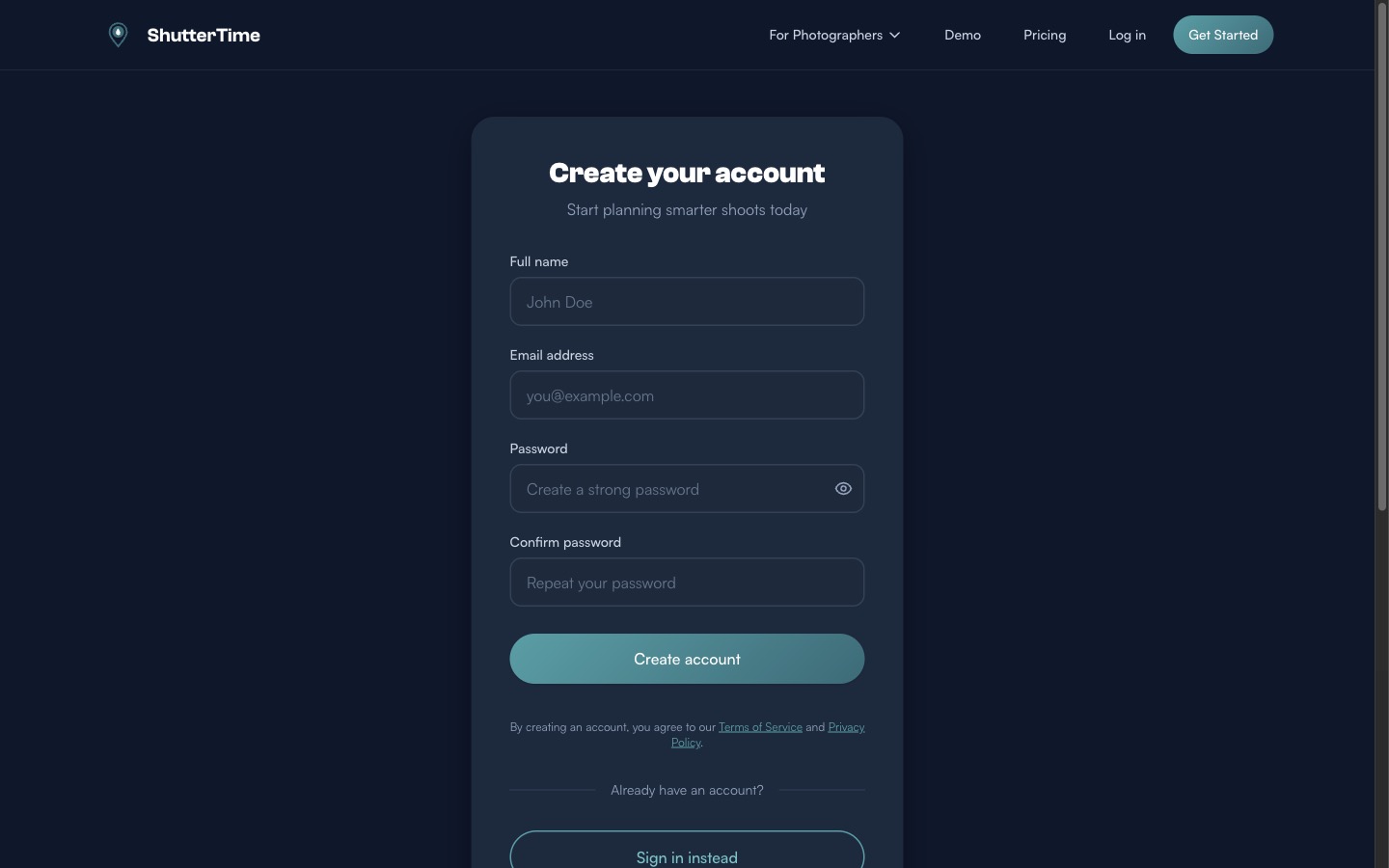 ShutterTime signup form showing name, email, and password fields