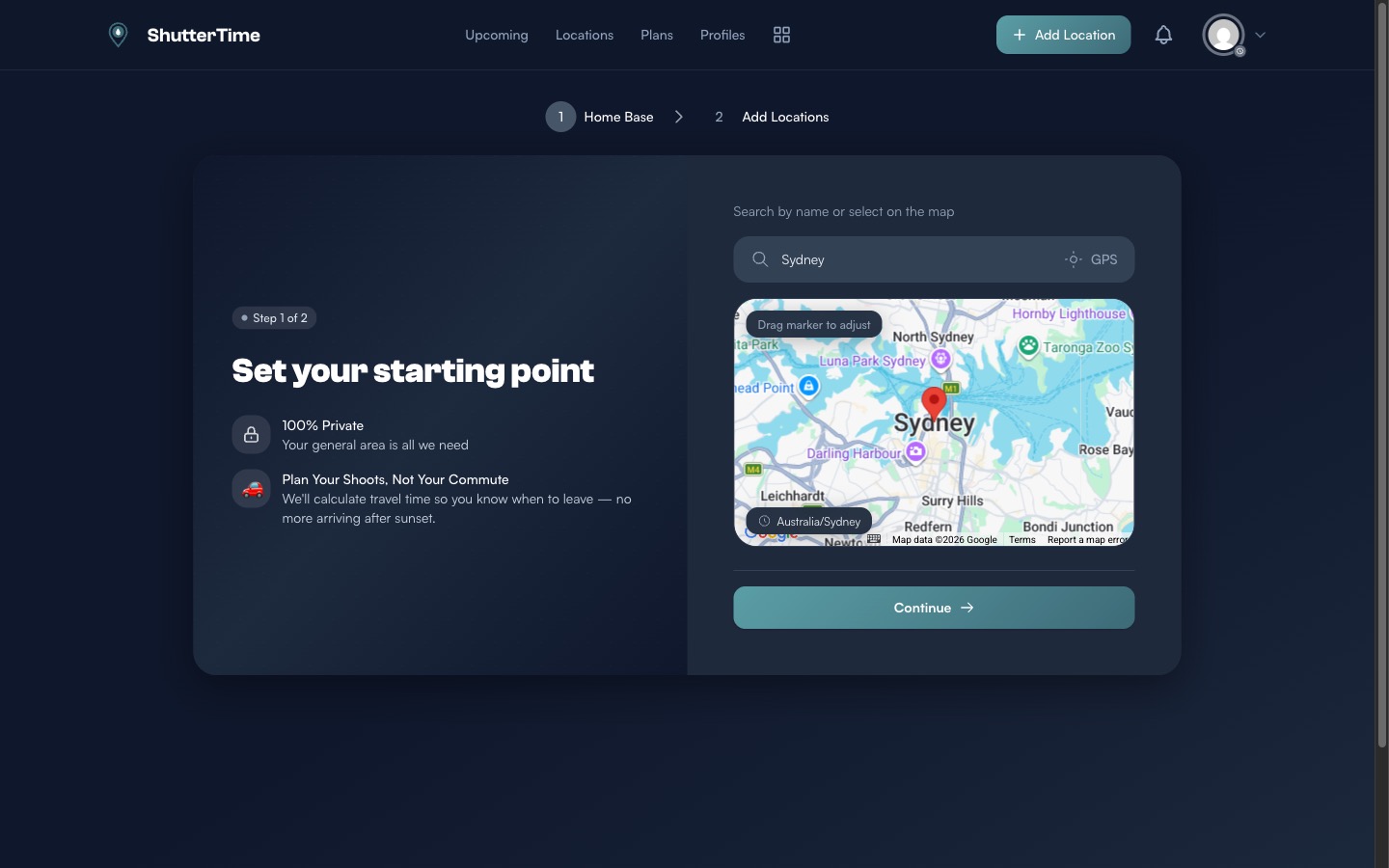 Home location set to Sydney showing the map pin and Australia/Sydney timezone