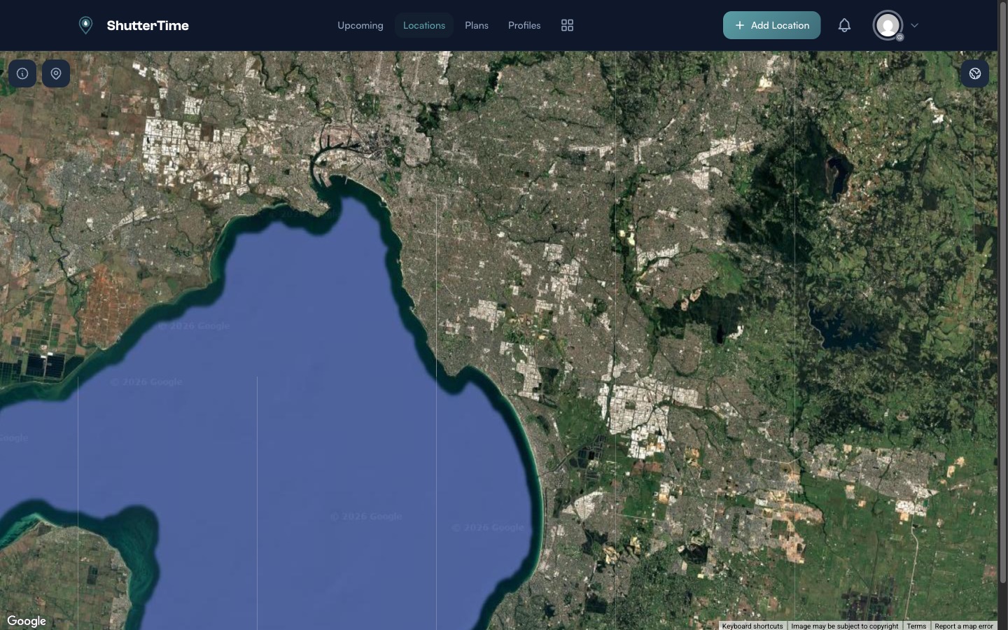 Full-screen satellite map view for adding a new photography location