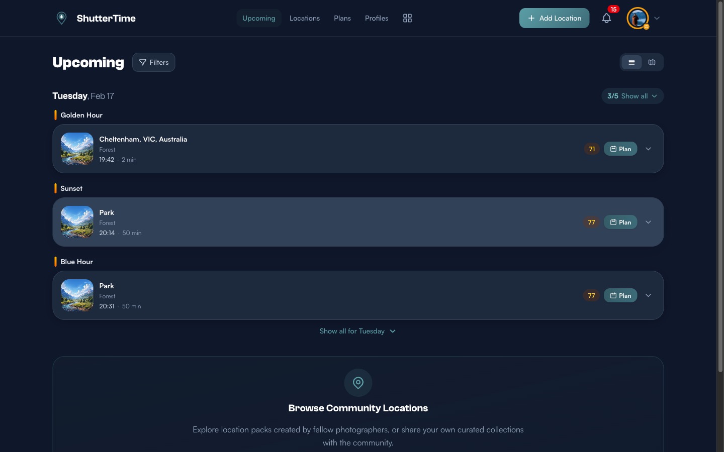The Upcoming dashboard showing the filter bar and community location packs