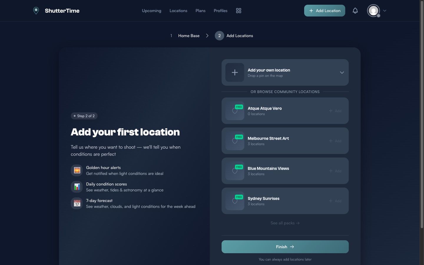 Onboarding step 2 showing Add your first location with community packs including Sydney Sunrises and Blue Mountains Views