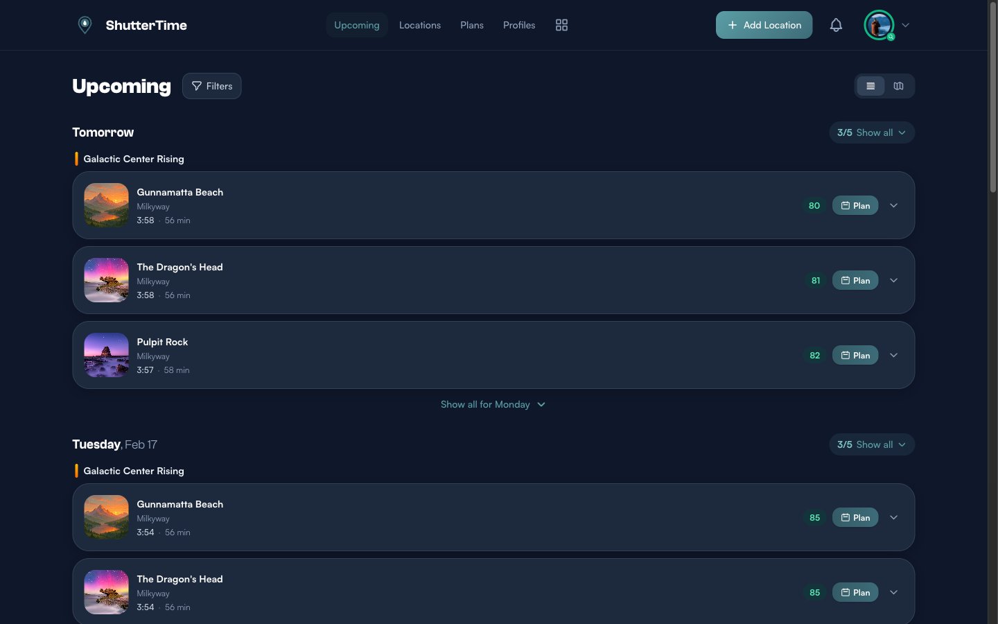 The Upcoming dashboard showing opportunity cards grouped by day with colour-coded scores and Plan buttons