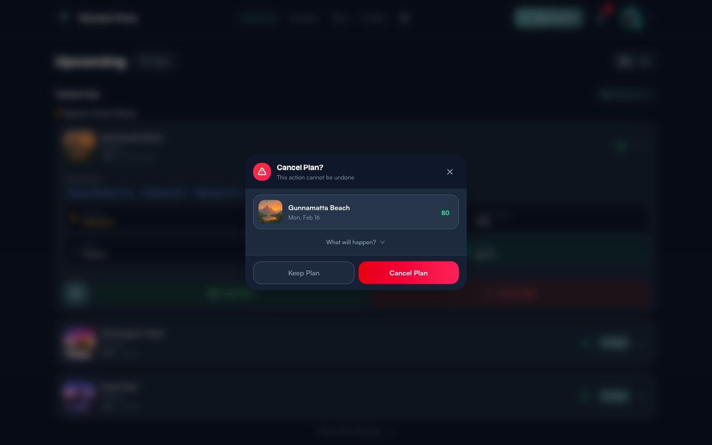 Cancel Plan confirmation dialog showing the location name, date, score, and Keep Plan or Cancel Plan buttons