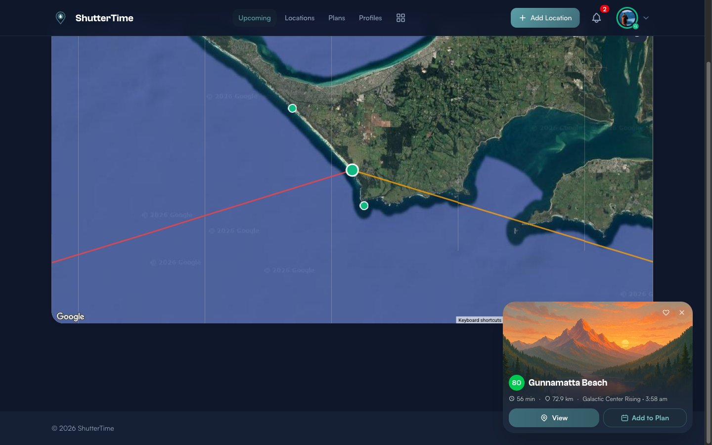 Map view with a location popup card for Gunnamatta Beach showing score 80, travel time 56 min, distance 72.9 km, and View or Add to Plan buttons