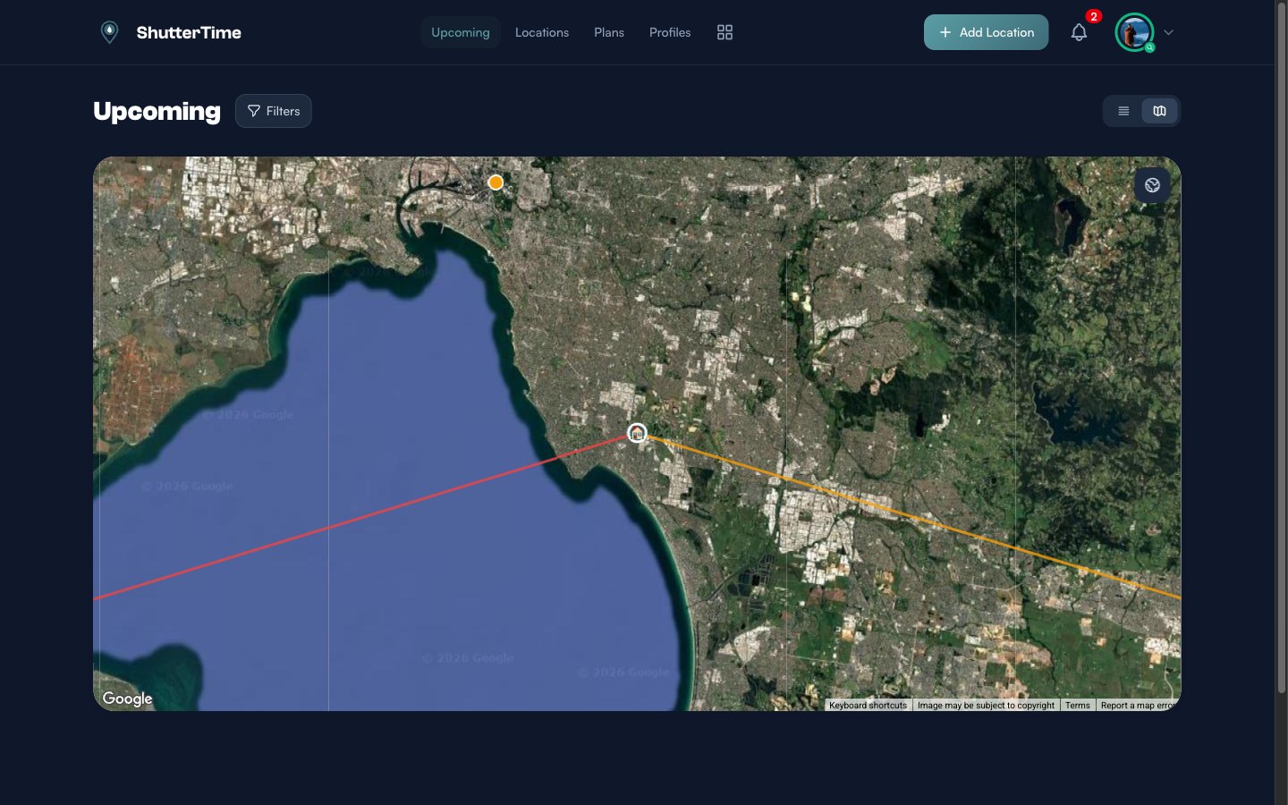 Map view showing satellite imagery of the Mornington Peninsula with location markers and sunrise/sunset direction lines
