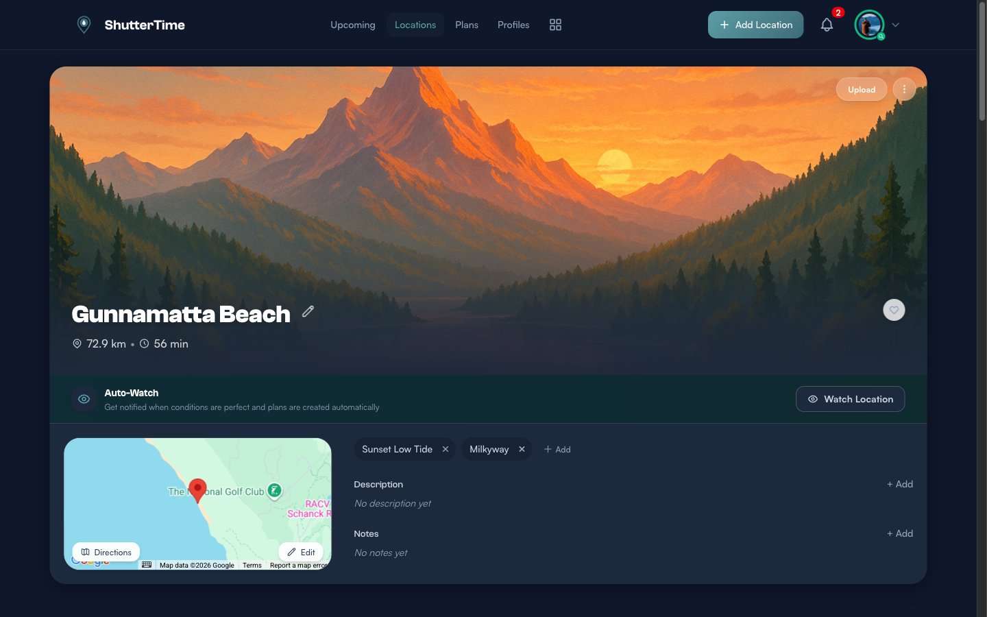 Gunnamatta Beach location detail page showing the hero image, distance and travel time, Auto-Watch toggle, map, attached profiles, and upcoming conditions