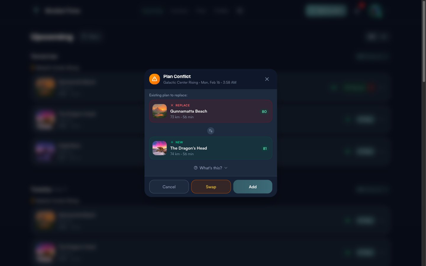 Plan Conflict dialog showing the existing Gunnamatta Beach plan marked for replacement and The Dragon's Head as the new location, with Cancel, Swap, and Add buttons