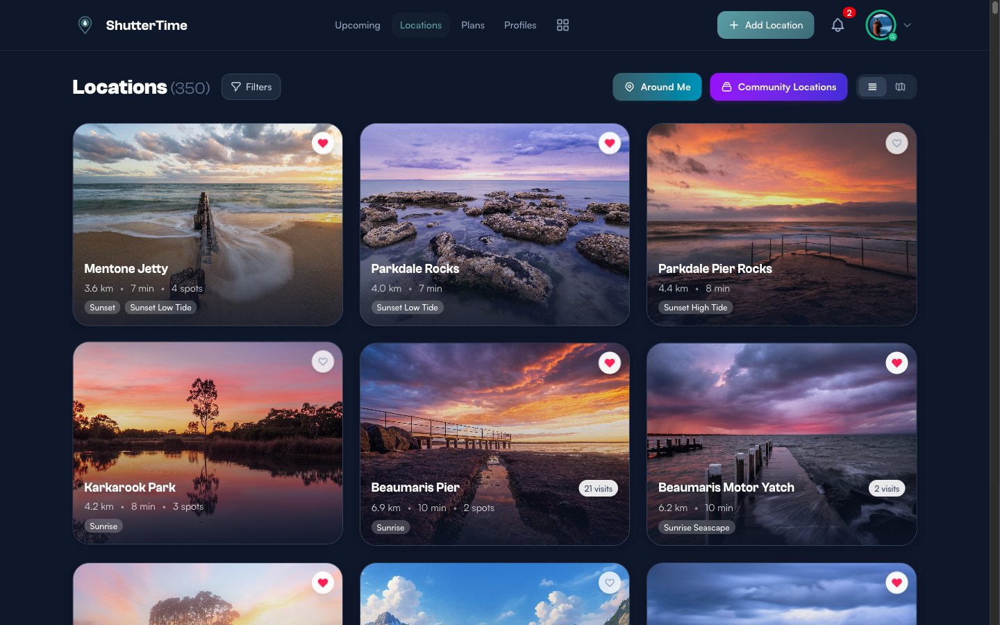 The Locations page showing a grid of photography locations sorted by distance, each with a hero photo, name, distance, travel time, and profile badges