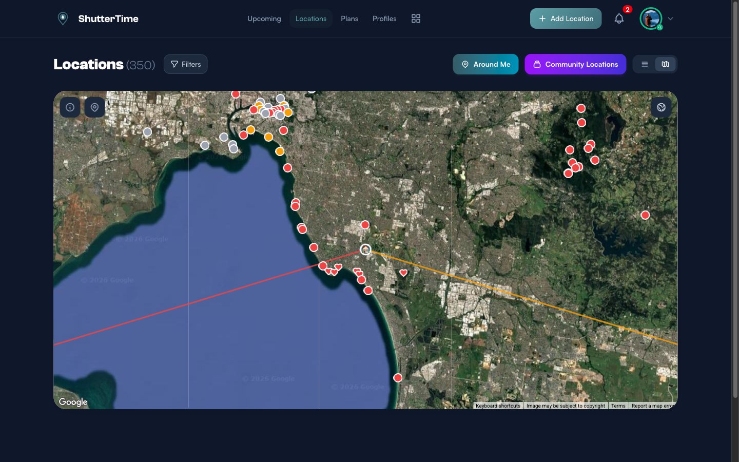 Map view showing satellite imagery of the Melbourne region with coloured location markers and sunrise/sunset direction lines