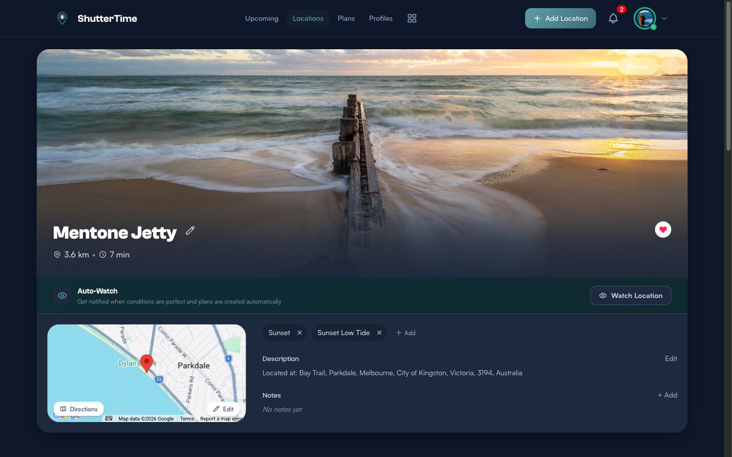 Mentone Jetty location detail page showing the hero image, title, distance, travel time, Auto-Watch toggle, Google Map, attached profiles (Sunset and Sunset Low Tide), description, and notes