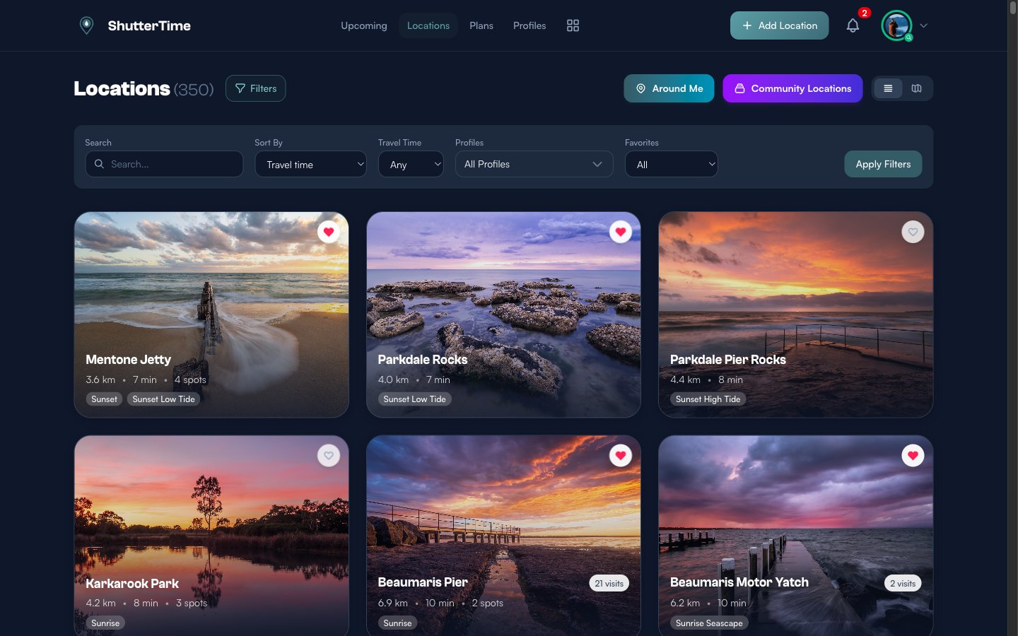 The filter panel showing Search, Sort By, Travel Time, Profiles, and Favorites dropdowns with an Apply Filters button