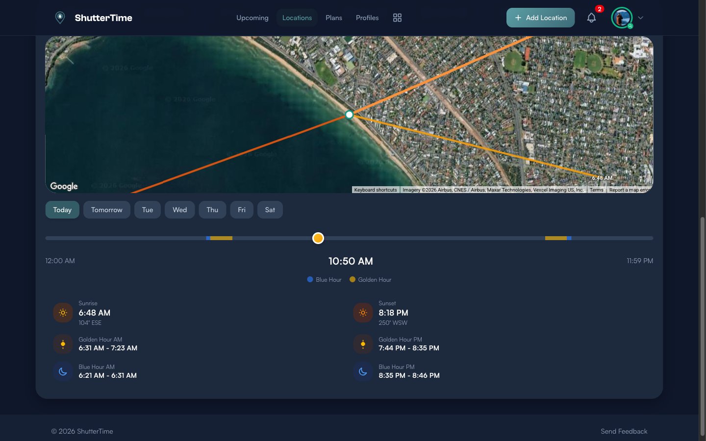 Sun tab showing a satellite map with orange sunrise and sunset direction lines, a day timeline with blue hour and golden hour markers, and detailed sunrise/sunset times with compass directions