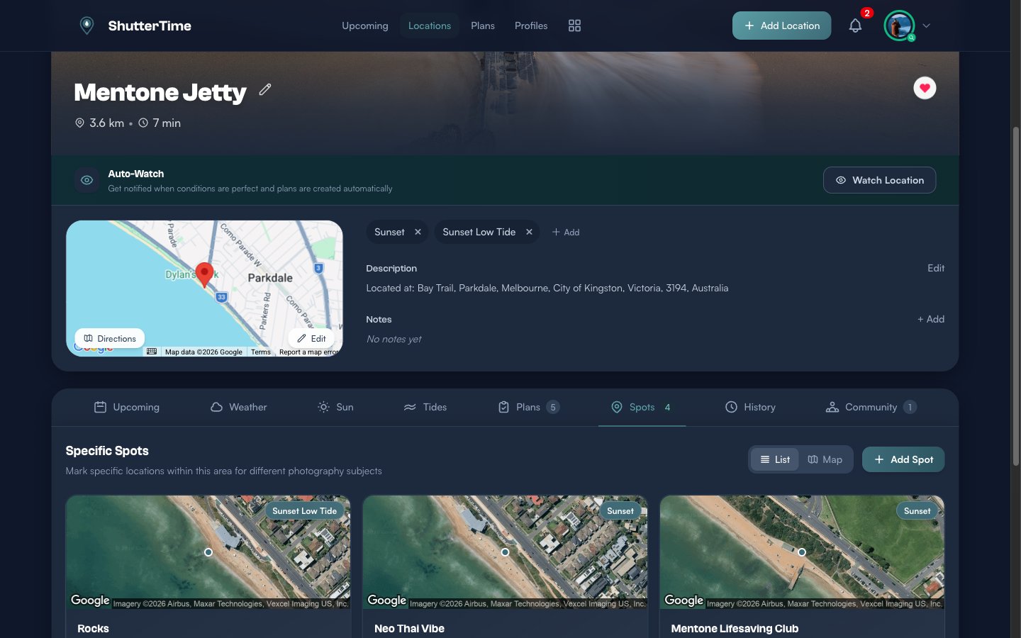 Spots tab showing a grid of specific spots within Mentone Jetty, each with a satellite map view, profile badge, and spot name