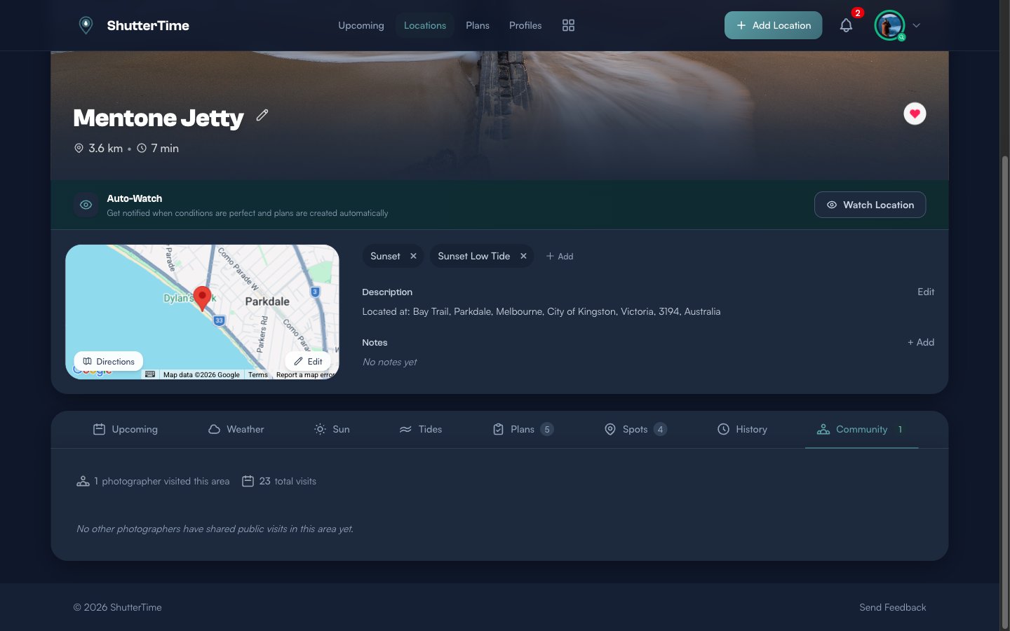 Community tab showing 1 photographer visited this area with 23 total visits