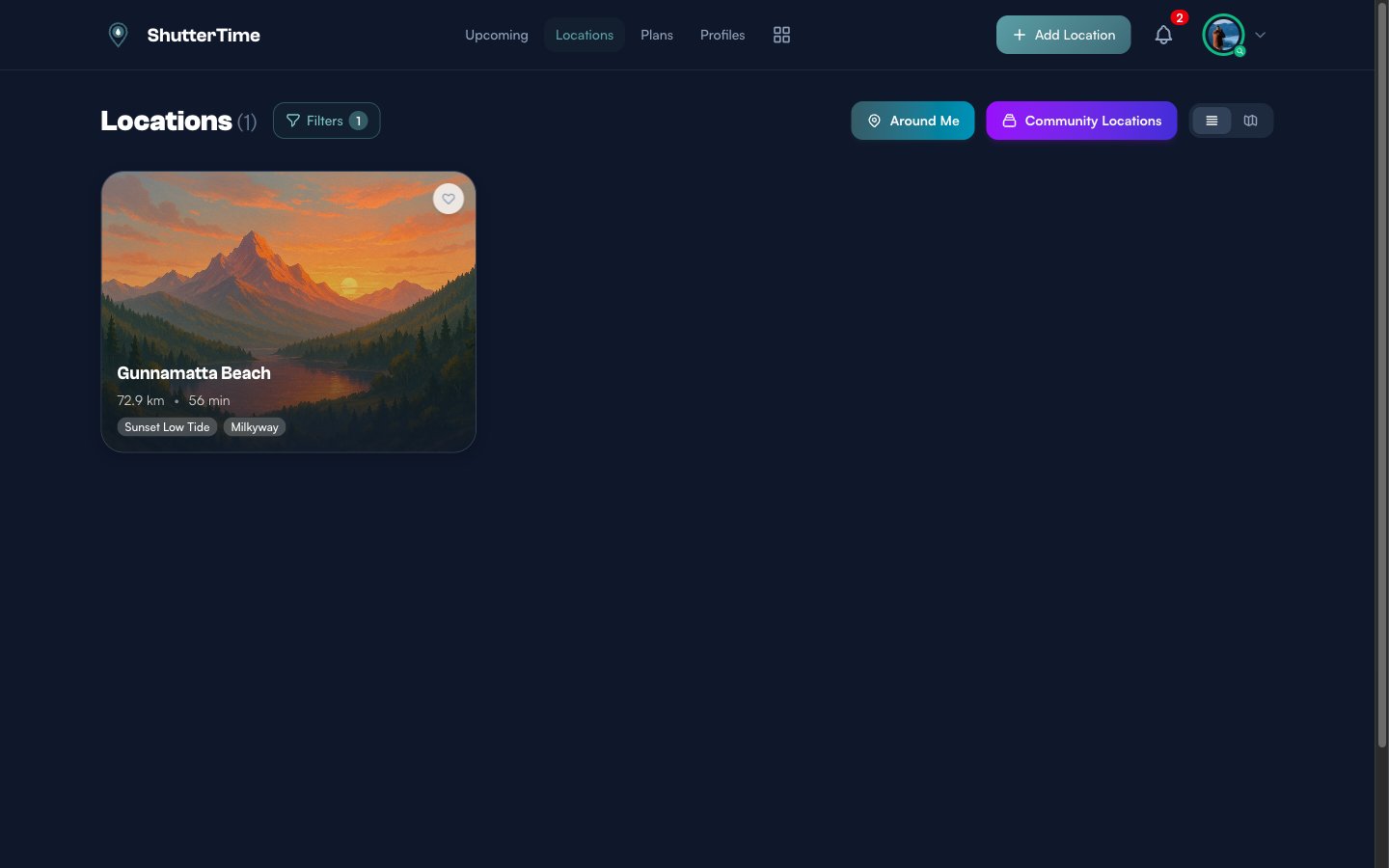 The Locations page showing the Around Me button in teal alongside the Community Locations button, with a saved location card below