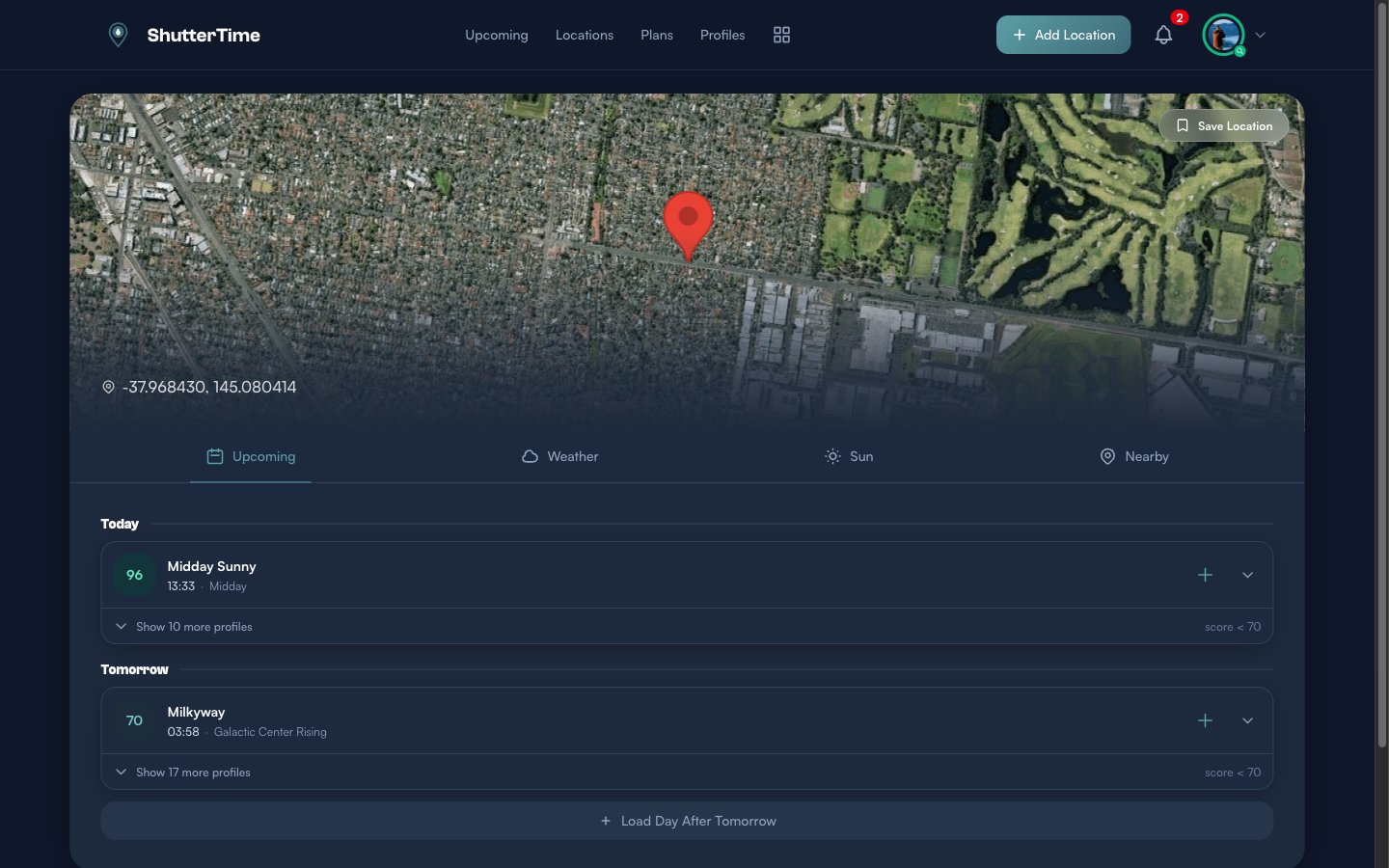The Around Me page showing a satellite map with a red location marker, GPS coordinates, four tabs (Upcoming, Weather, Sun, Nearby), and scored opportunities for Today and Tomorrow