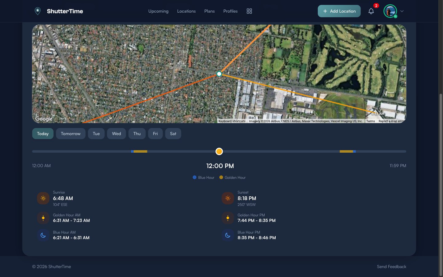 The Sun tab scrolled down showing the day selector, time slider with Blue Hour and Golden Hour markers, and detail cards listing Sunrise at 6:48 AM (104 degrees ESE), Sunset at 8:18 PM (250 degrees WSW), Golden Hour and Blue Hour windows
