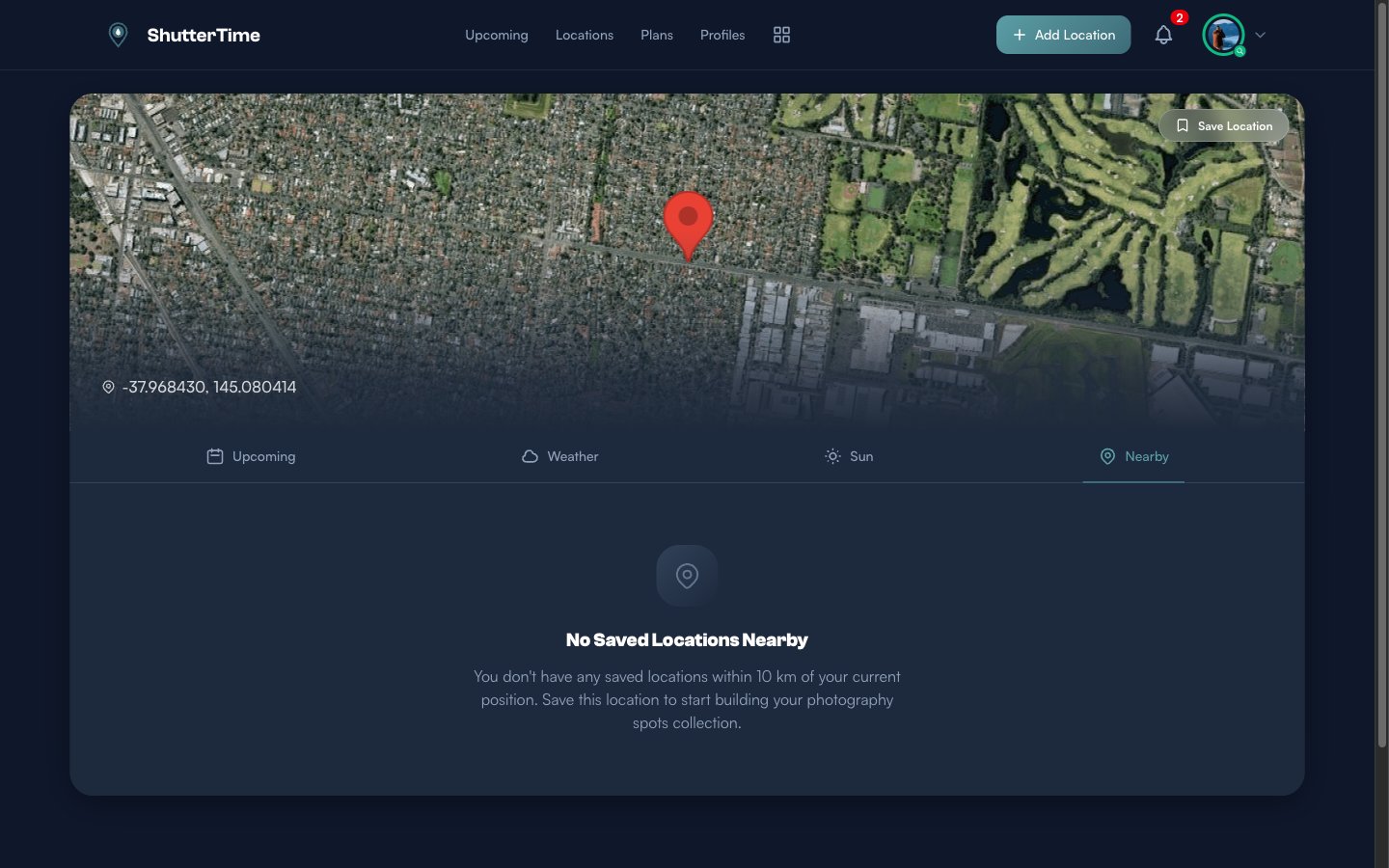 The Nearby tab showing an empty state with the message No Saved Locations Nearby and a suggestion to save the current location