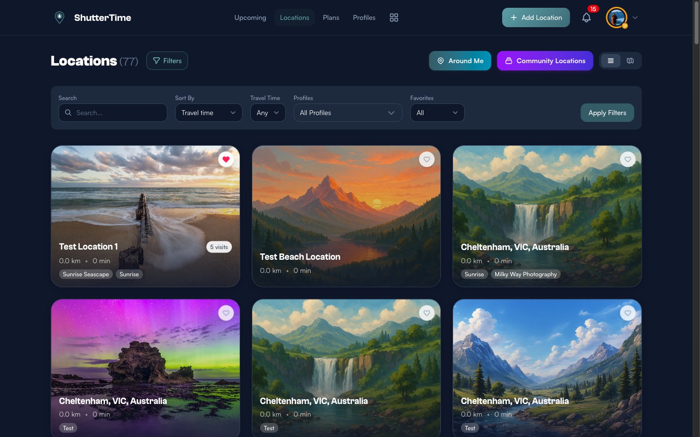 The Locations page with the filter panel open, showing the Favorites dropdown set to All alongside Search, Sort By, Travel Time, and Profiles filters