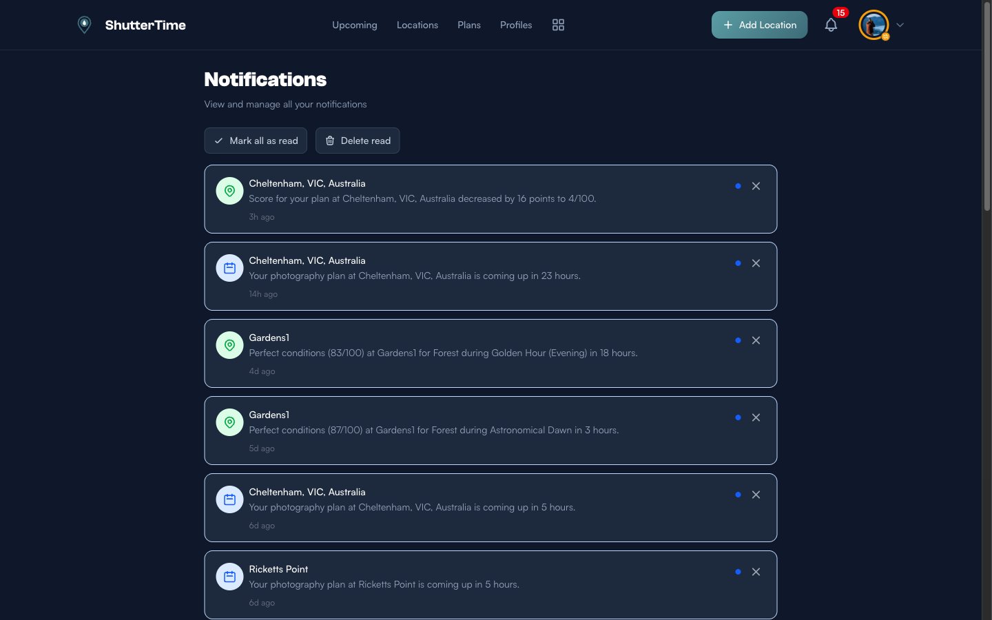 The full Notifications page showing a list of notifications with blue unread dots, including score changes, plan reminders, and condition alerts, with Mark all as read and Delete read buttons at the top