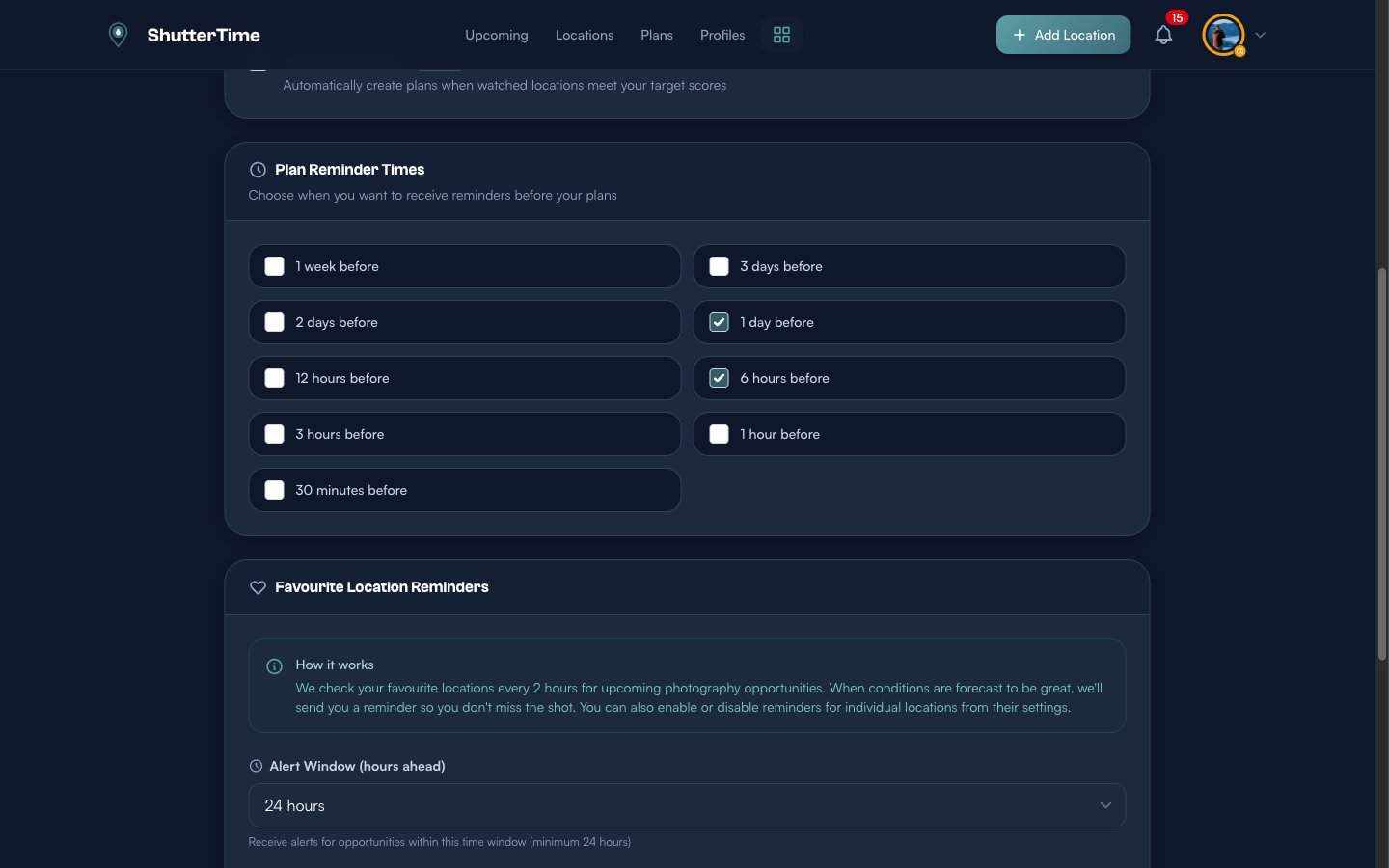 The Plan Reminder Times section showing checkboxes for 1 week, 3 days, 2 days, 1 day, 12 hours, 6 hours, 3 hours, 1 hour, and 30 minutes before, with 1 day and 6 hours currently selected