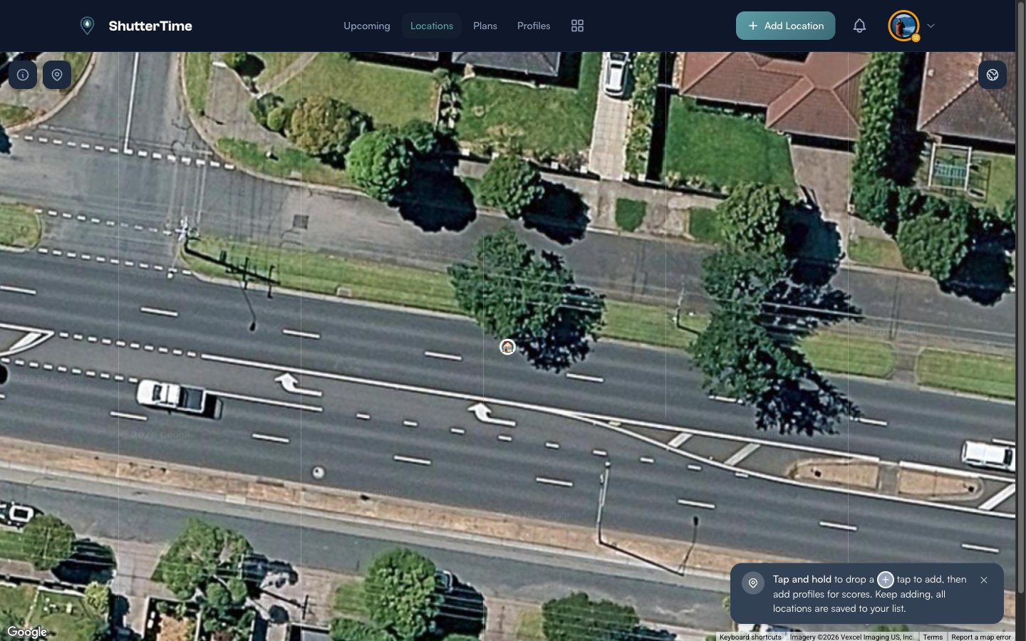 The Add Location screen showing a full-screen satellite map with a help tooltip at the bottom