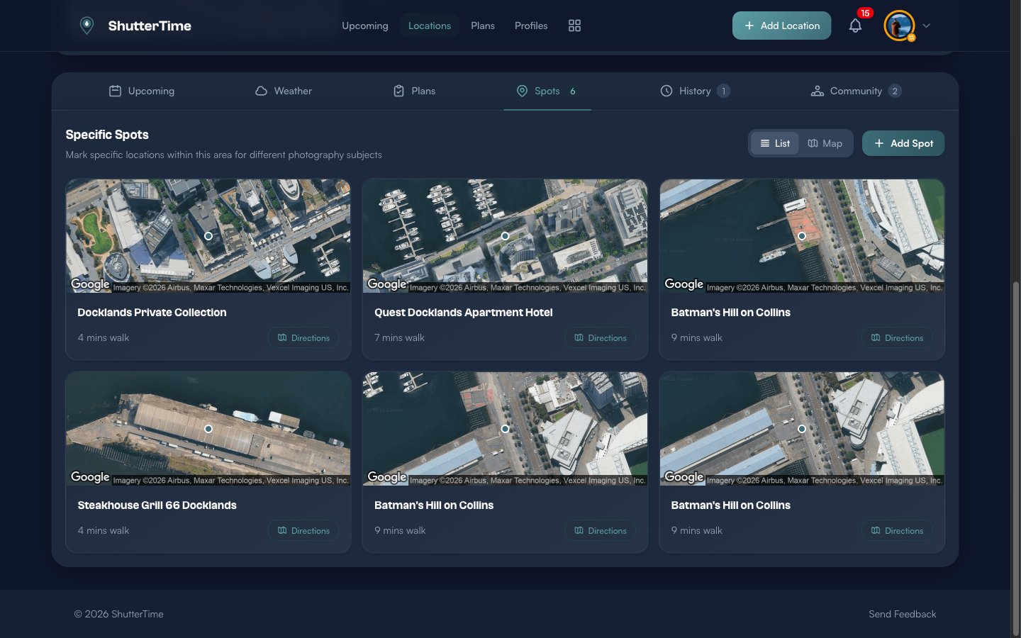 The Spots tab in list view showing six spot cards with satellite images, names, walking times, and direction links