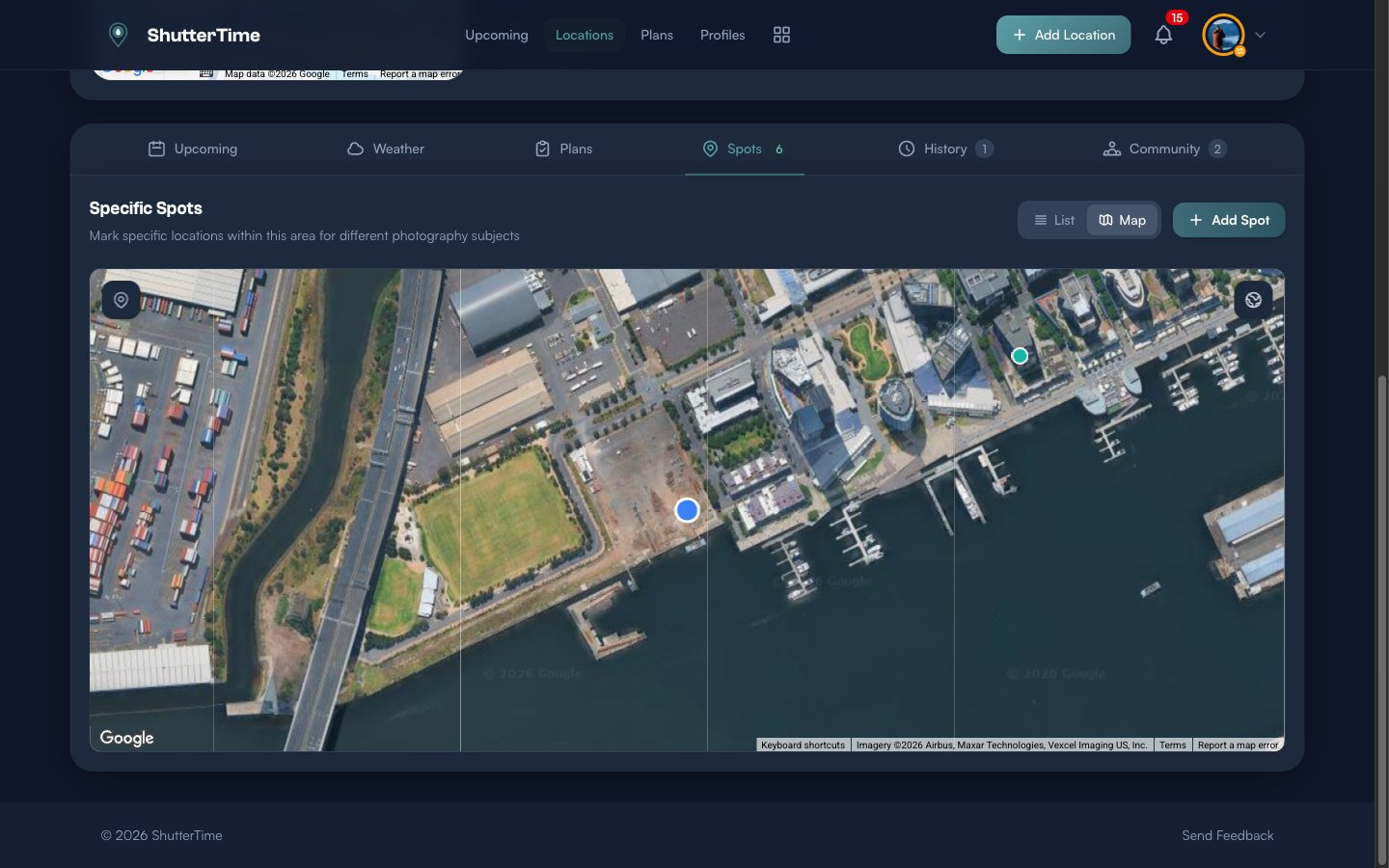 The Spots tab in map view showing spot markers plotted on a satellite image of the Docklands area