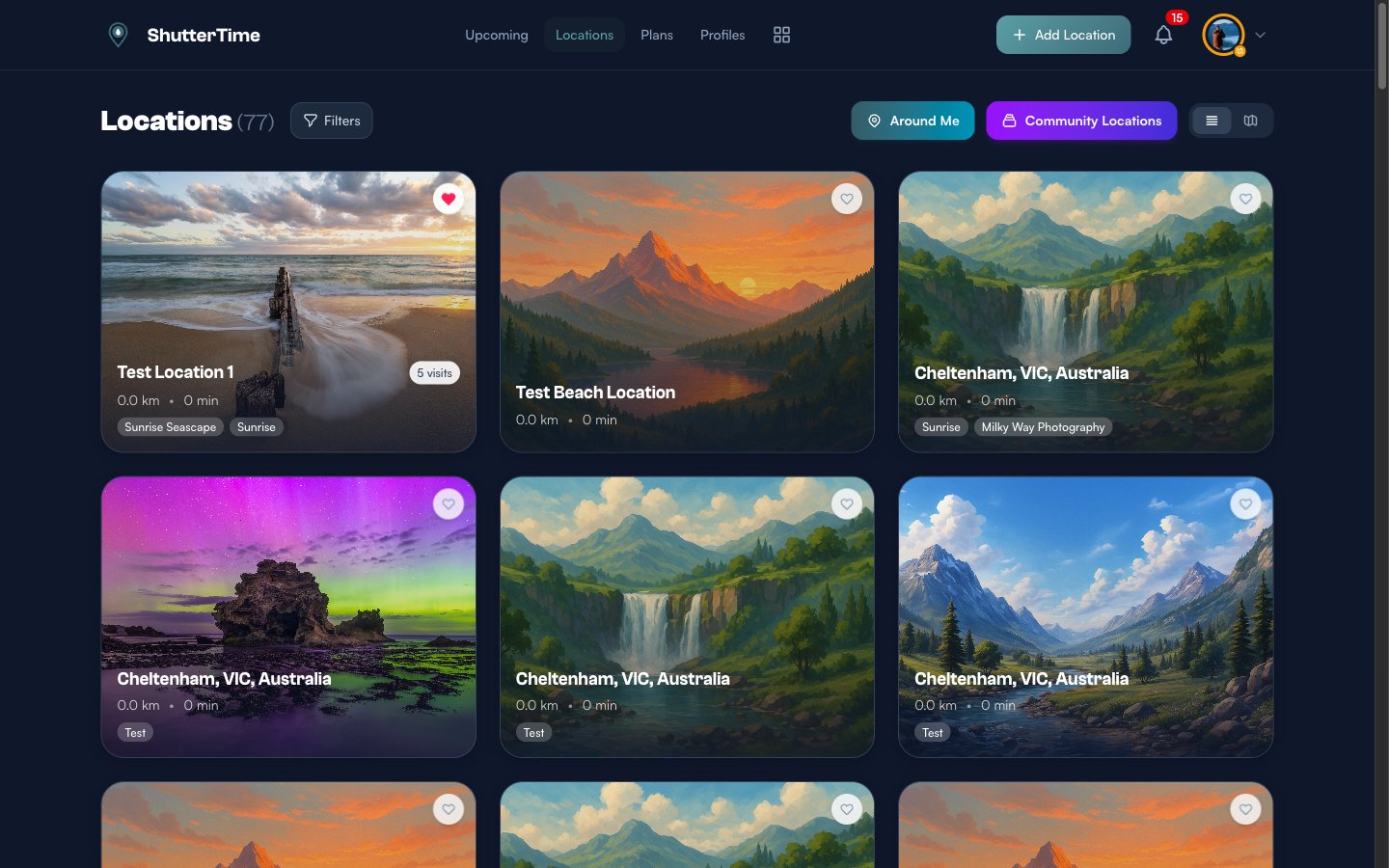 The Locations page showing a grid of photography location cards, each with a cover photo, name, distance, and profile badges