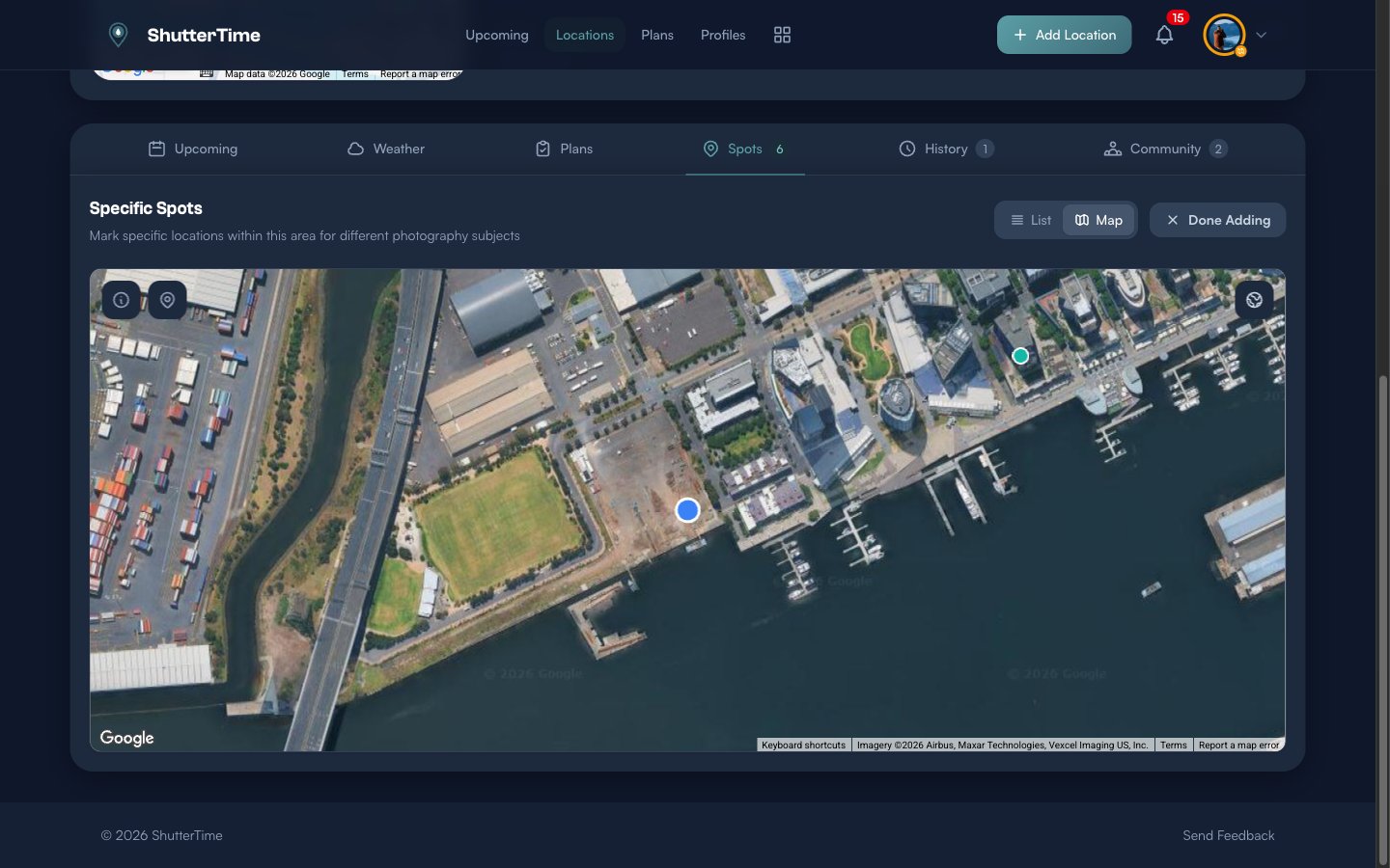 The Add Spot map interface with a Done Adding button and existing spot markers visible