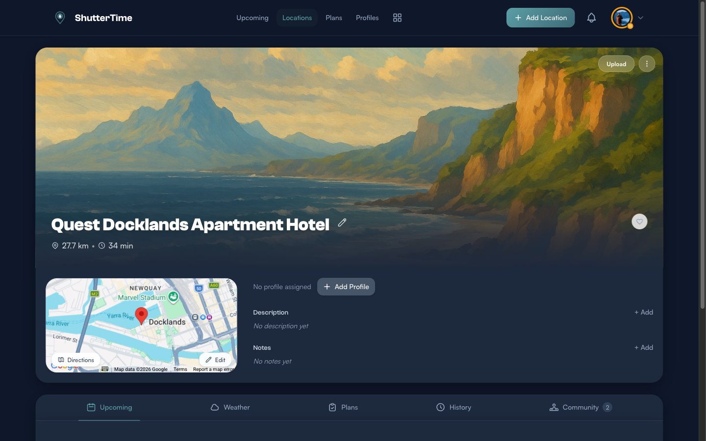 The Quest Docklands Apartment Hotel spot detail page showing its own map, profile section, and tabs without a Spots tab