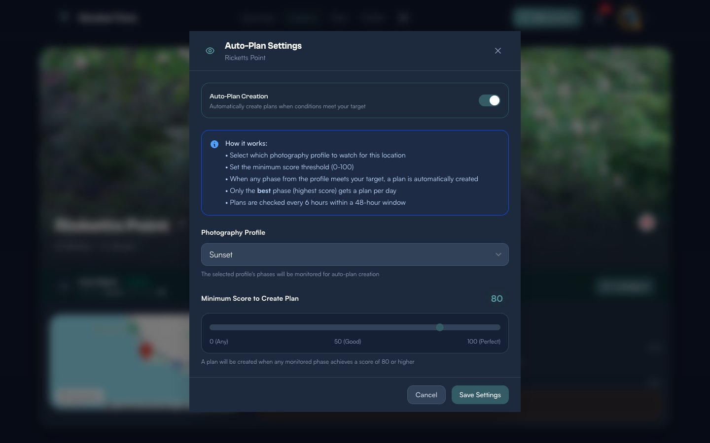 Auto-Plan Settings modal showing the Auto-Plan Creation toggle, Photography Profile dropdown set to Sunset, and a Minimum Score slider set to 80