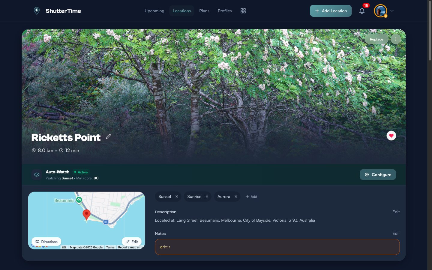 Ricketts Point location page with an active Auto-Watch banner showing Watching Sunset with a minimum score of 80