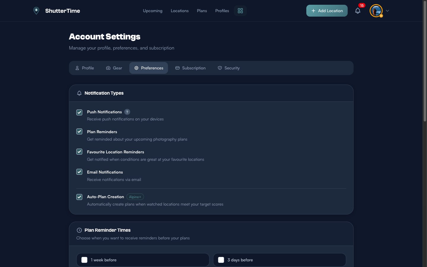 Account Settings Preferences tab showing the Notification Types section with the Auto-Plan Creation toggle checked, tagged as Alpine+