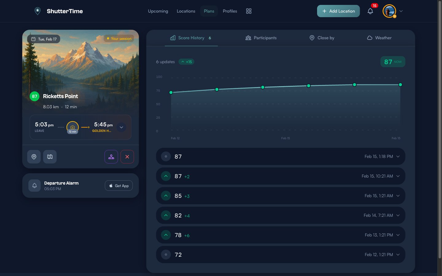 Plan detail view showing the Score History tab with a chart tracking score improvement from 72 to 87 over several days, with individual update entries listed below