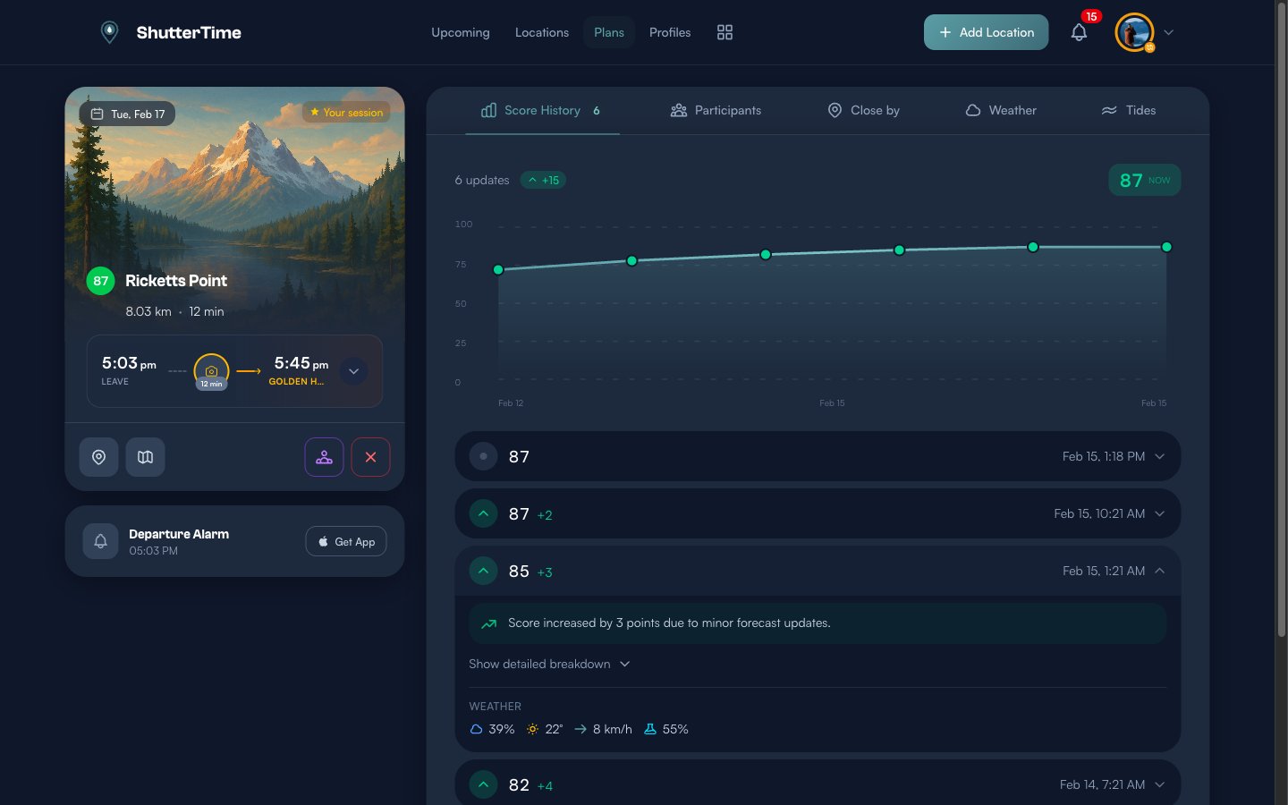 Expanded score history entry showing a natural language explanation that the score increased by 3 points due to minor forecast updates, with weather conditions including 39 percent cloud cover and 8 km per hour wind