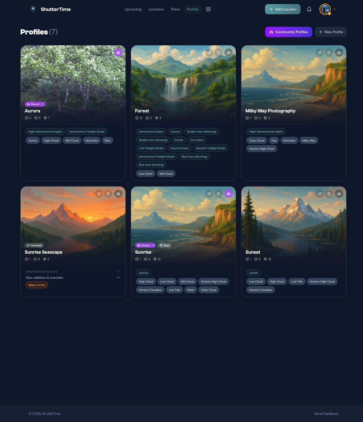 The Profiles page showing a collection of photography profiles including Aurora, Forest, Milky Way, Sunrise Seascape, Sunrise, and Sunset — each with their phases and conditions listed
