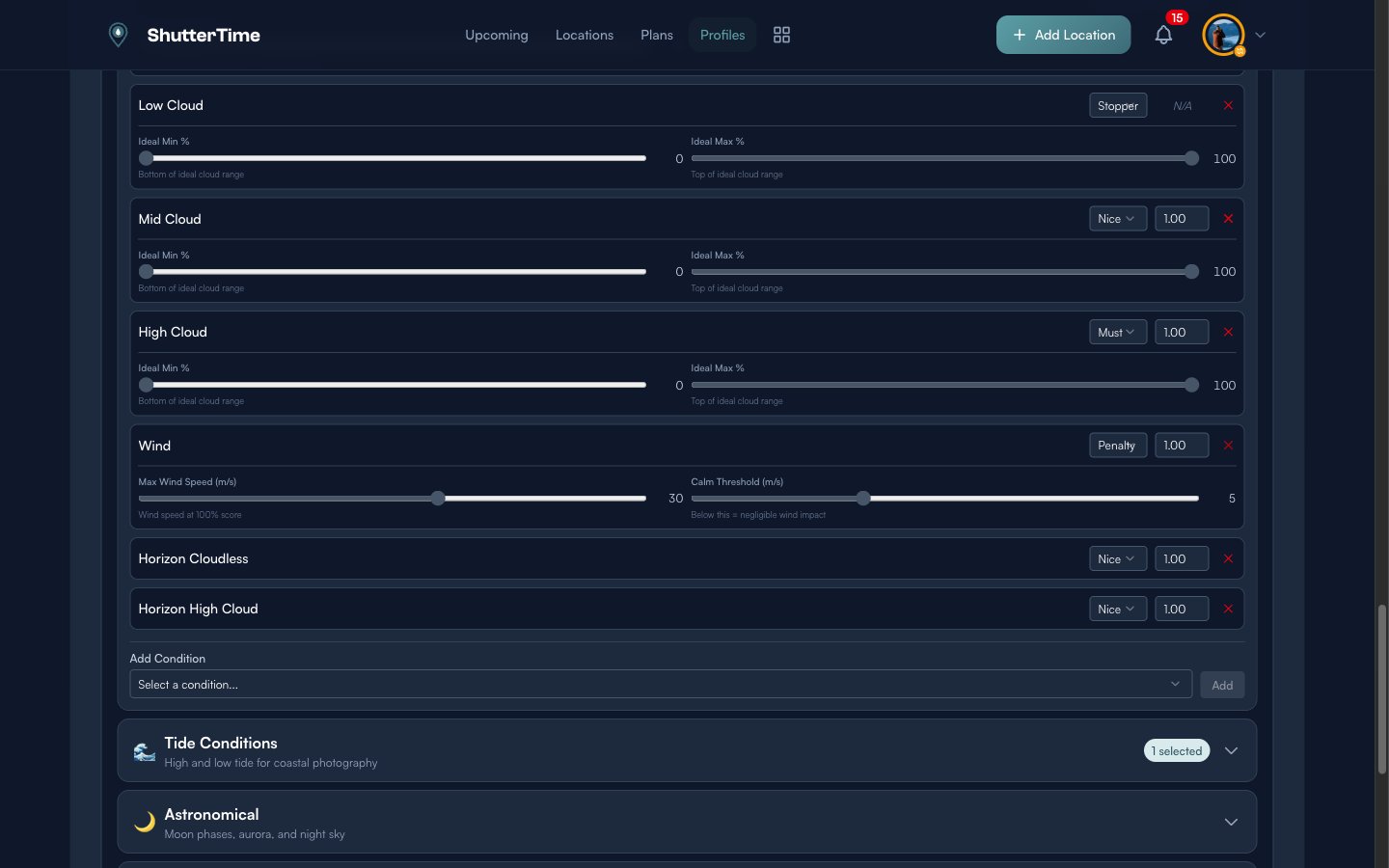 Weather conditions showing High Cloud, Wind with its Max Wind Speed and Calm Threshold sliders, Horizon Cloudless, Horizon High Cloud, and the Add Condition dropdown