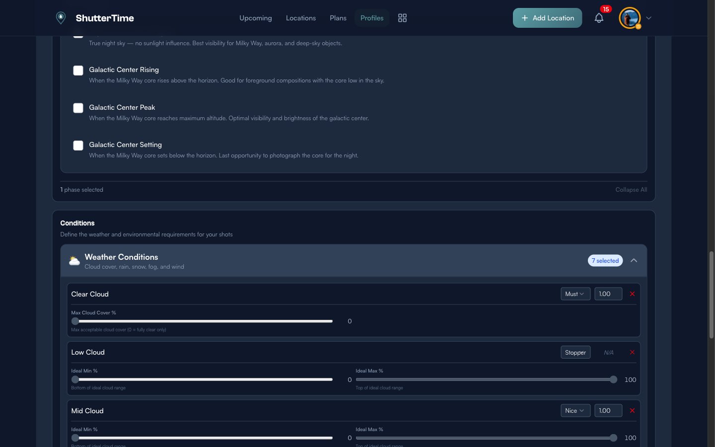 The Conditions section showing Weather Conditions expanded with Clear Cloud, Low Cloud, and their configurable settings