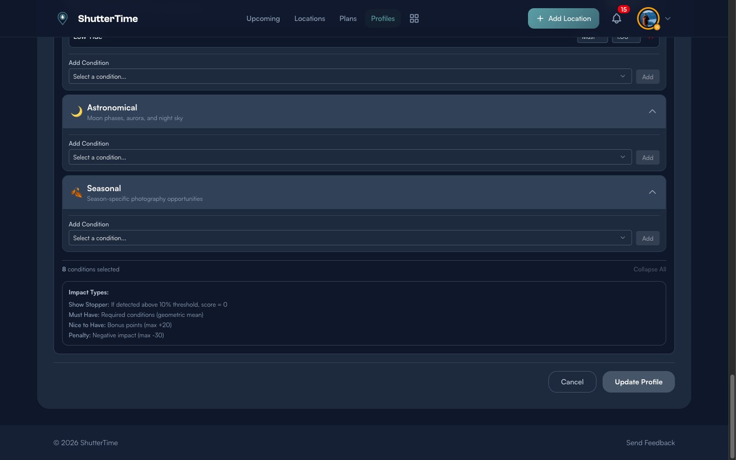 The bottom of the Conditions section showing Tide, Astronomical, and Seasonal categories plus the Impact Types legend explaining Show Stopper, Must Have, Nice to Have, and Penalty