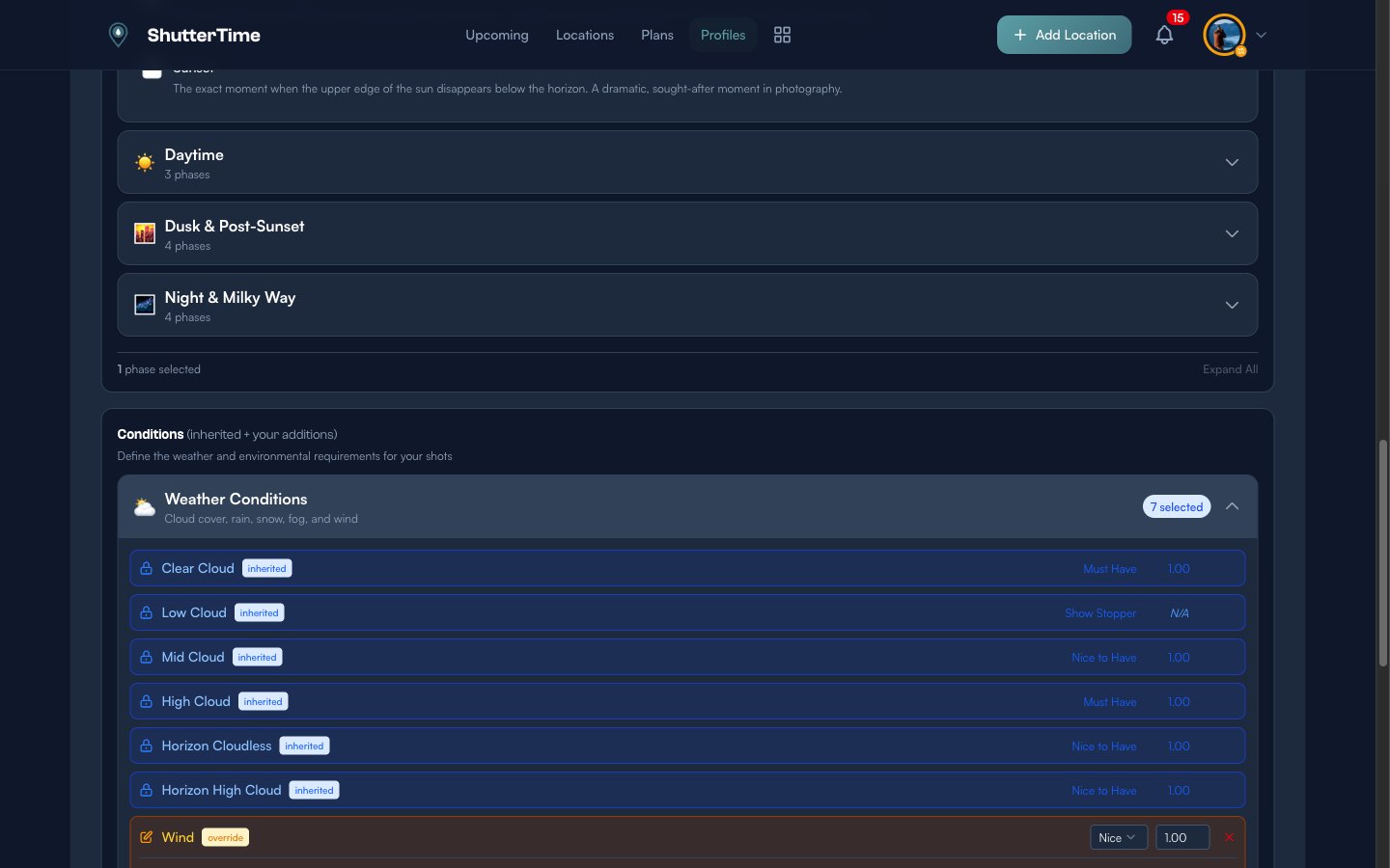Inherited conditions view showing locked conditions from the parent profile marked with inherited badges, and one Wind condition marked as override that can be edited