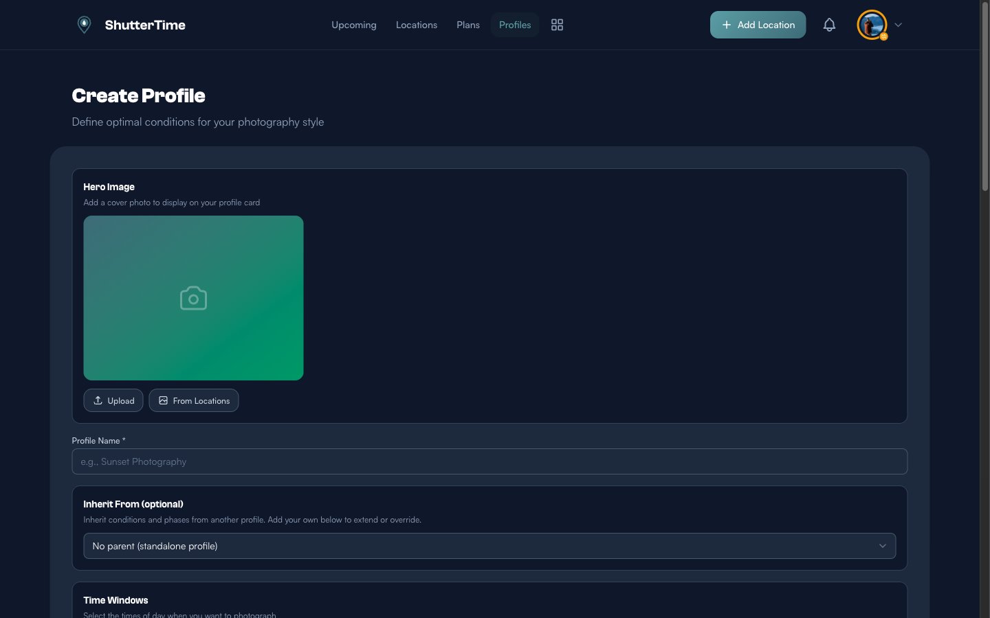The Create Profile form showing the hero image upload area, profile name field, and Inherit From dropdown