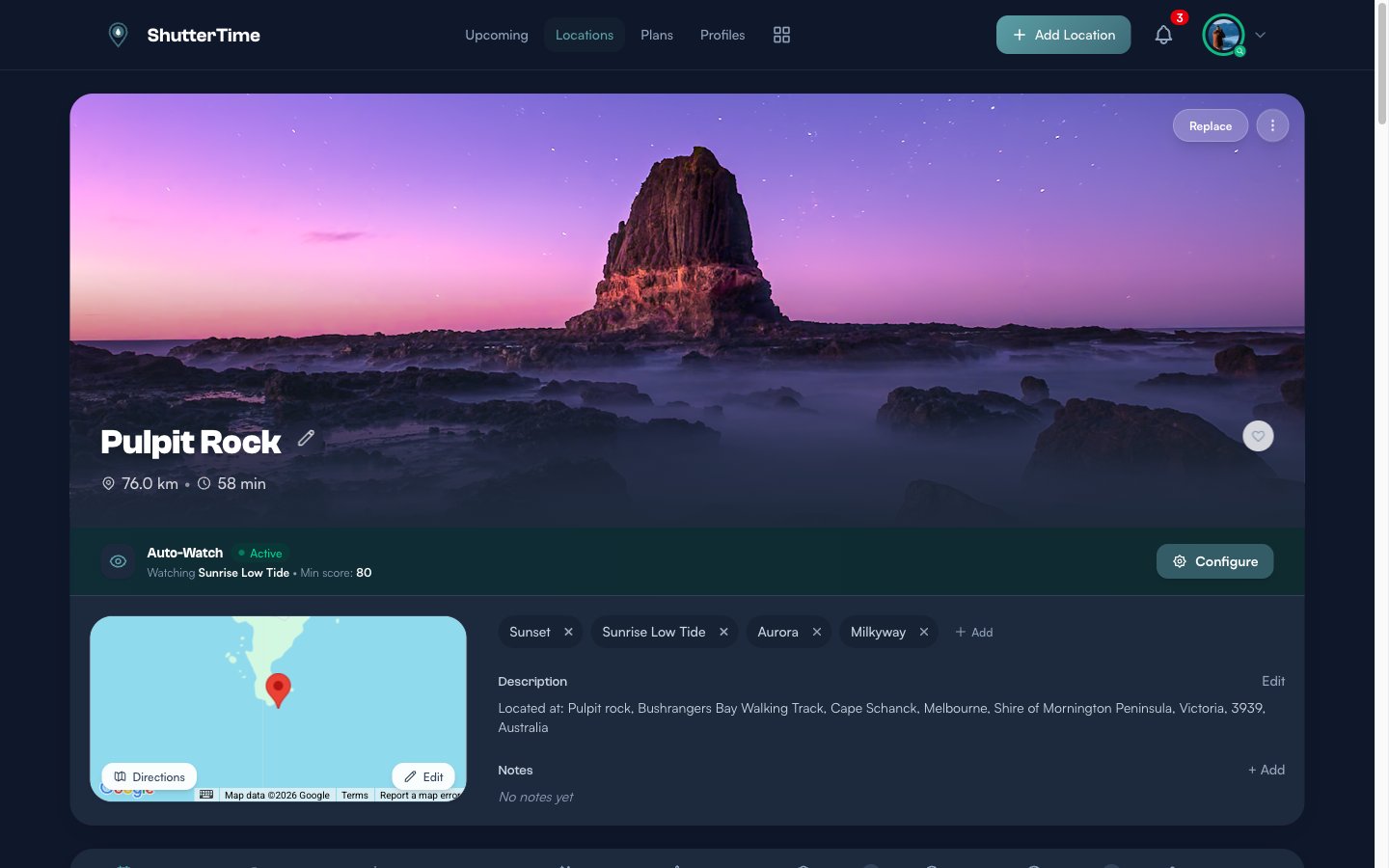 Pulpit Rock location page showing Aurora profile assigned alongside other profiles