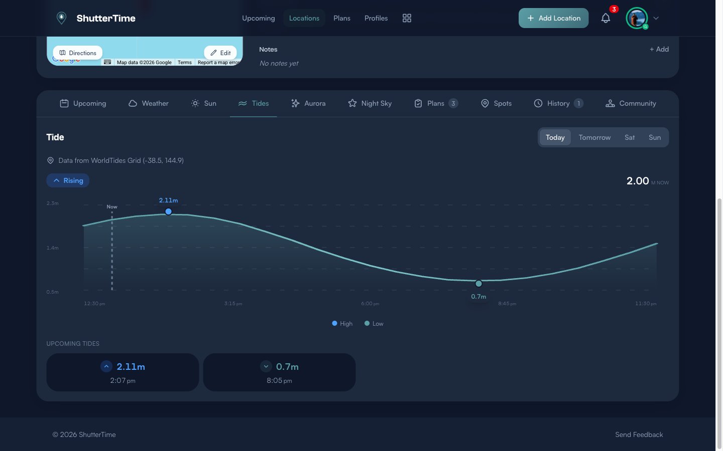 Tides tab showing current tide status, height, and upcoming high/low predictions with a visual chart