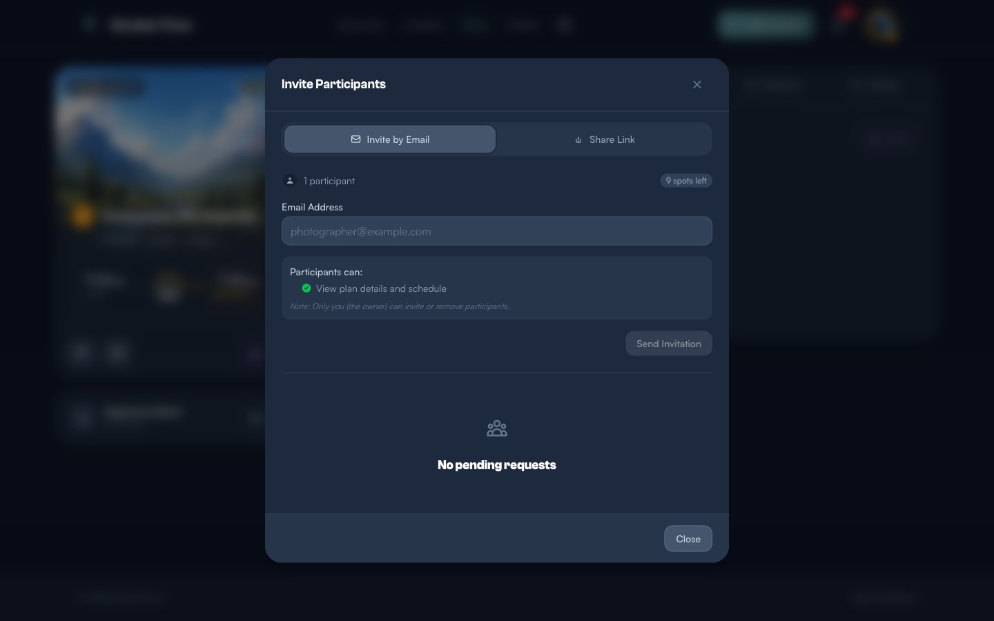 Invite Participants modal showing two tabs — Invite by Email and Share Link — with an email input field, a note explaining participants can view plan details, and a Send Invitation button
