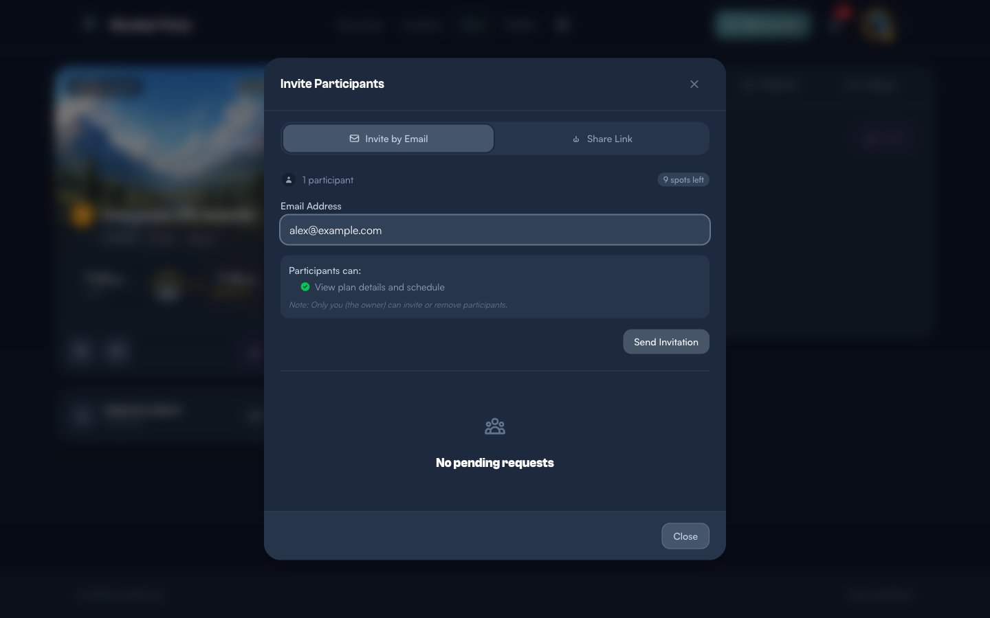 Invite modal with alex.photographer@gmail.com typed into the email field and the Send Invitation button now active and ready to click