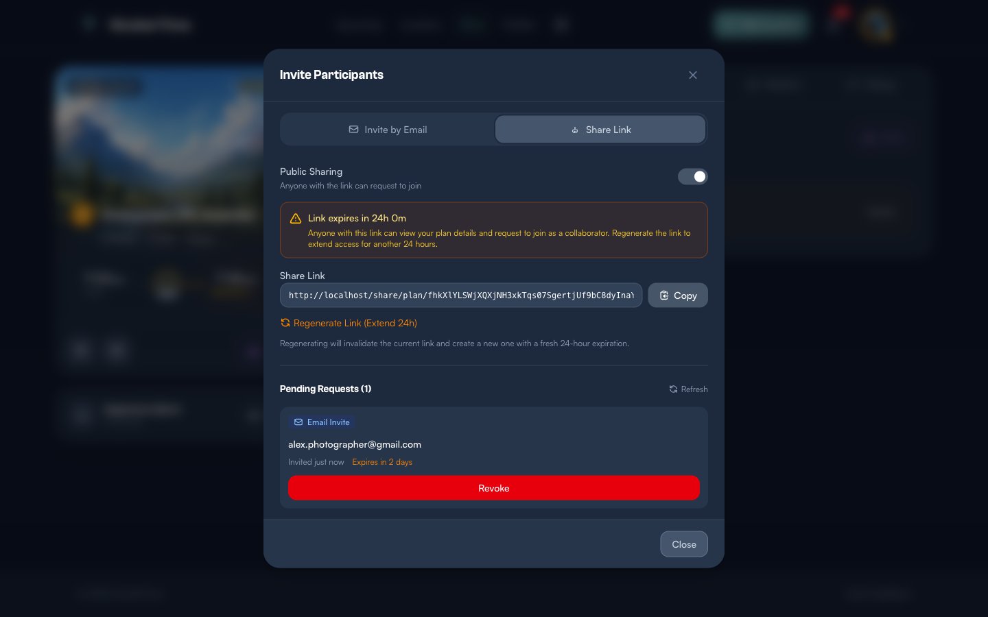 Share Link tab with Public Sharing enabled, showing a 24-hour expiry warning, the generated share URL with a Copy button, and a Regenerate Link option to extend the expiration