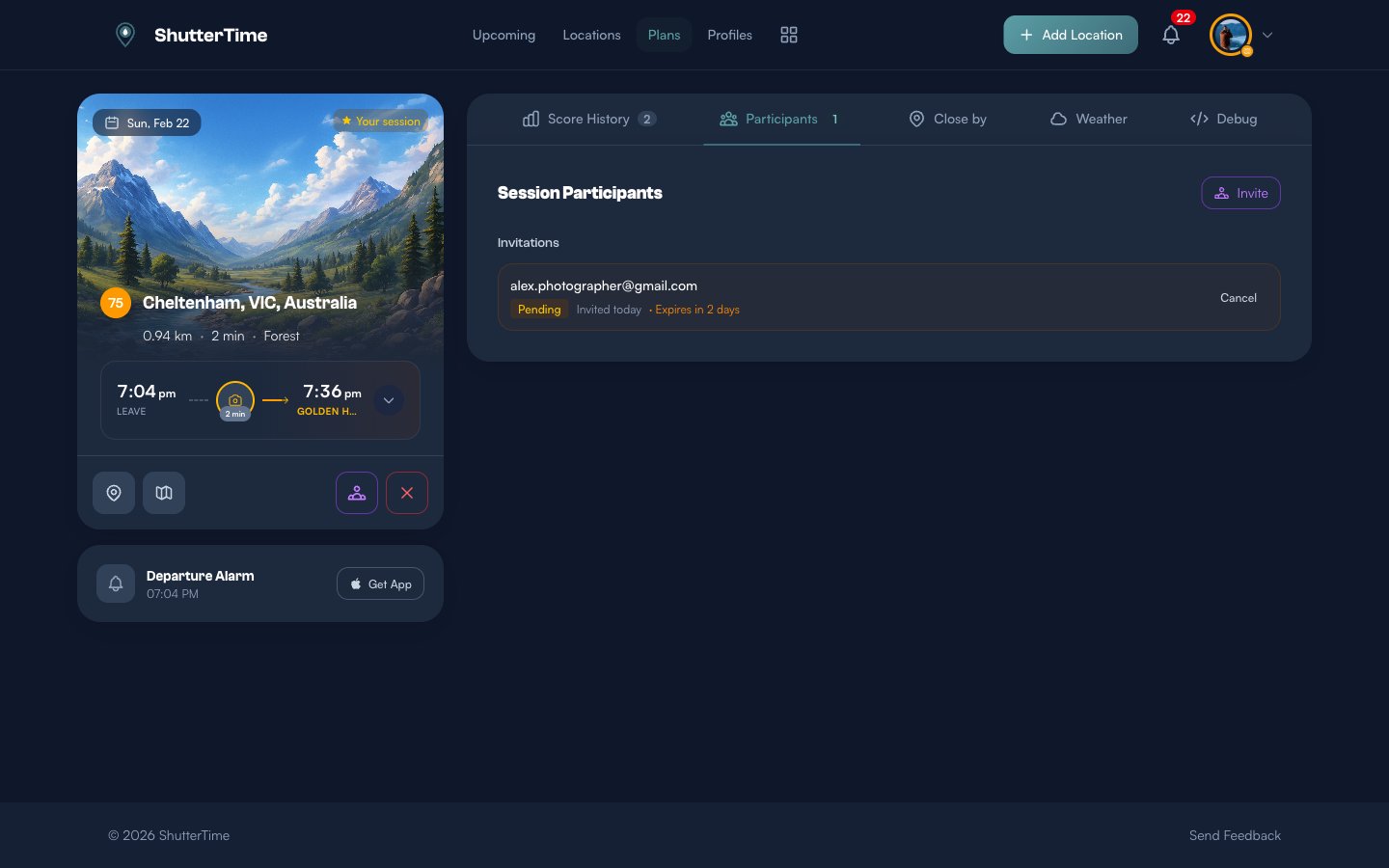 Participants tab showing Session Participants with an Invitations section listing alex.photographer@gmail.com with a Pending badge, Invited today timestamp, Expires in 2 days notice, and a Cancel button